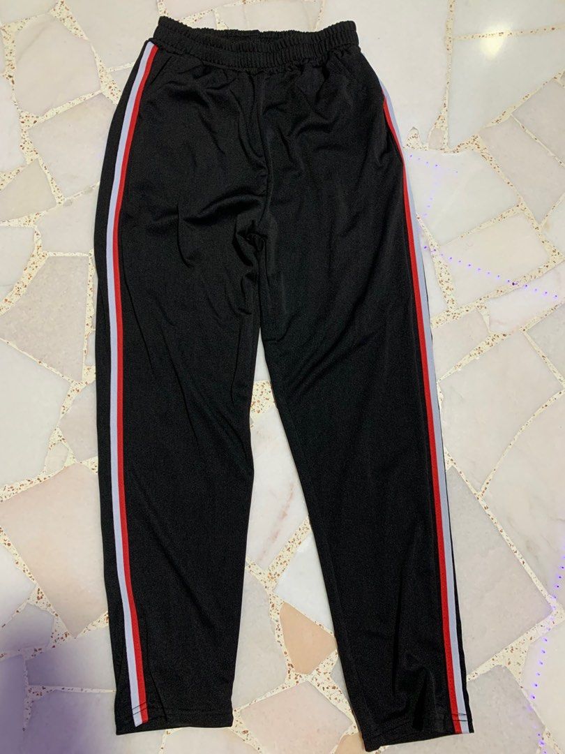Black sweatpants with red and white strips Women s Fashion