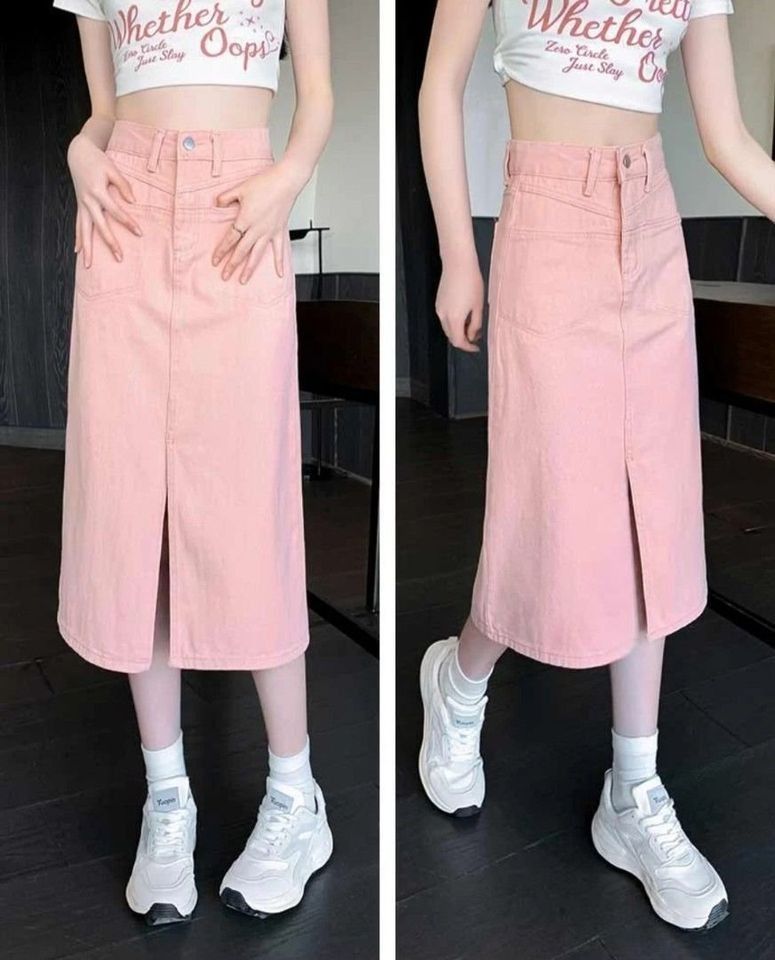 Pink denim knee length store skirt