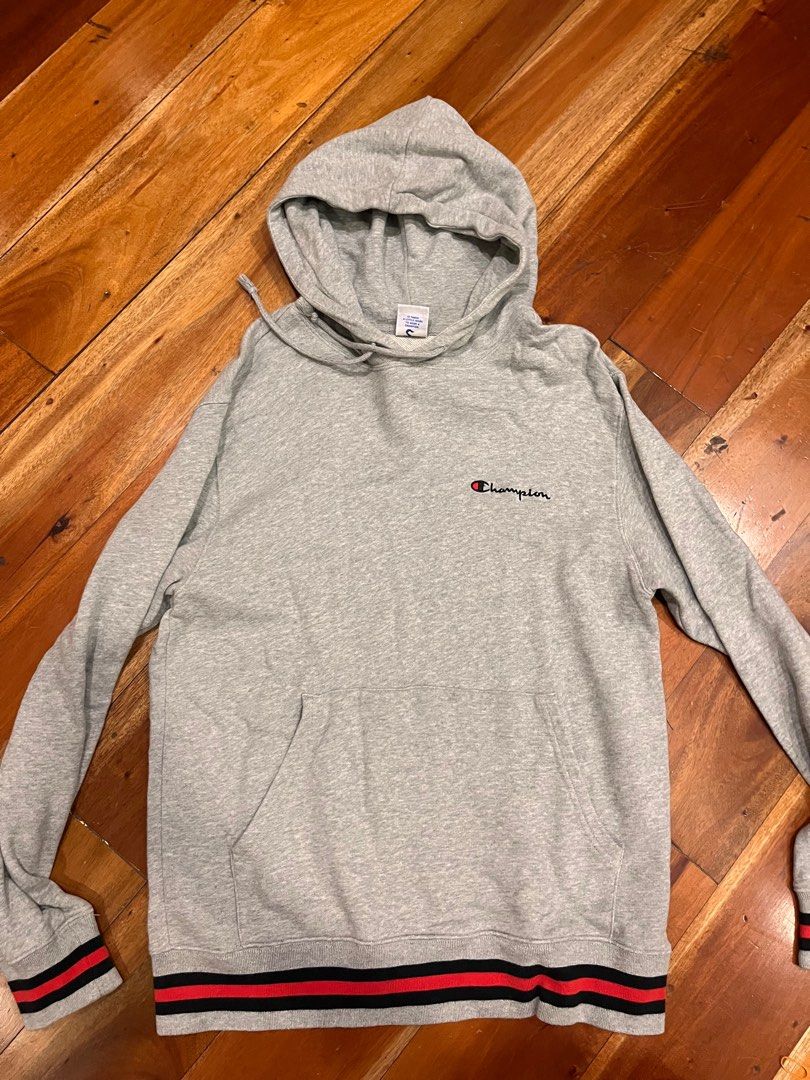 Champion grey hoodie with red stripe ribbing