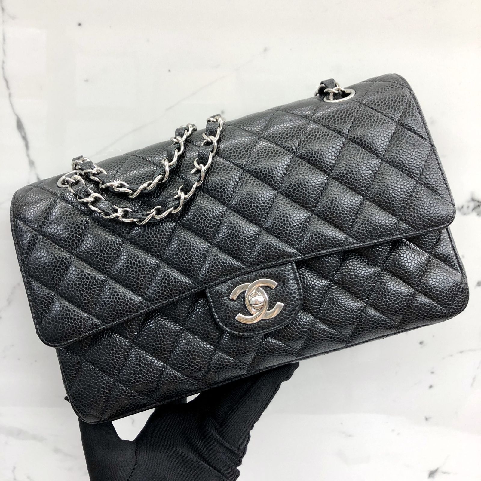 CHANEL CAVIAR SKIN BLACK MATELASSE SHW NO.12 NO CARD DOUBLE FLAP SHOULDER  BAG 227027208 TI, Luxury, Bags & Wallets on Carousell