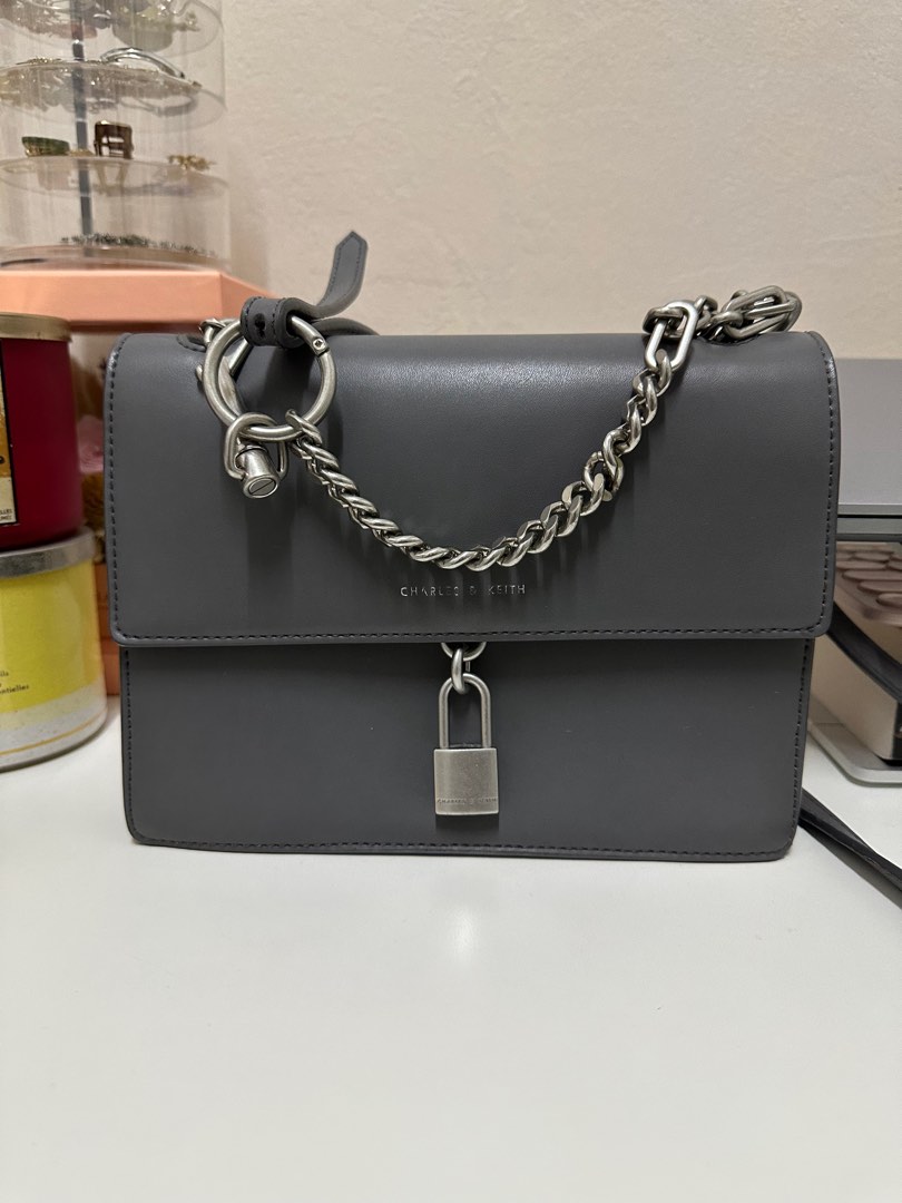 Charles & Keith Padlock Shoulder Bag with Silver Chain Hardware, Women