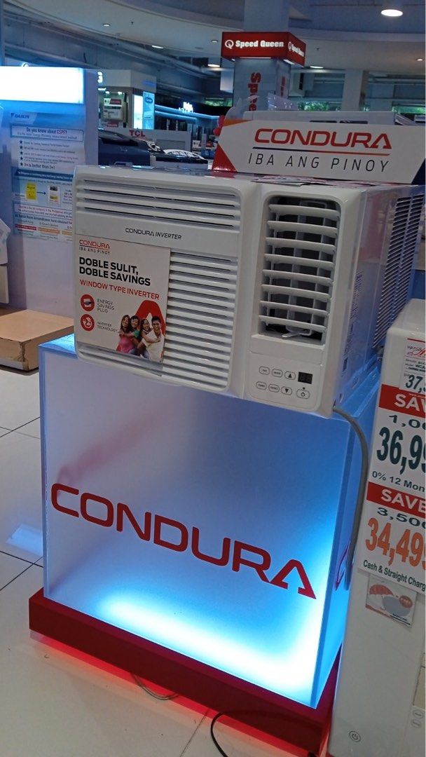 CONDURA WINDOW TYPE INVERTER AIRCON (Category: Air Conditioning and Heating) located in Quezon City. Submitted by maryann5721 (Listing ID 1244012131, Image 1). Description: CONDURA WINDOW TYPE INVERTER AIRCON * At Least 30% Savings On Electricity * 8-In-1 Air Filter System * With LCD Remote Control * Dimensions (WxHxD) 560x375x638 mm * Recommended Room Area Capacity: 15-20 sq.m. * Warranty: 5 Years Compressor Motor only. * Installation is separat