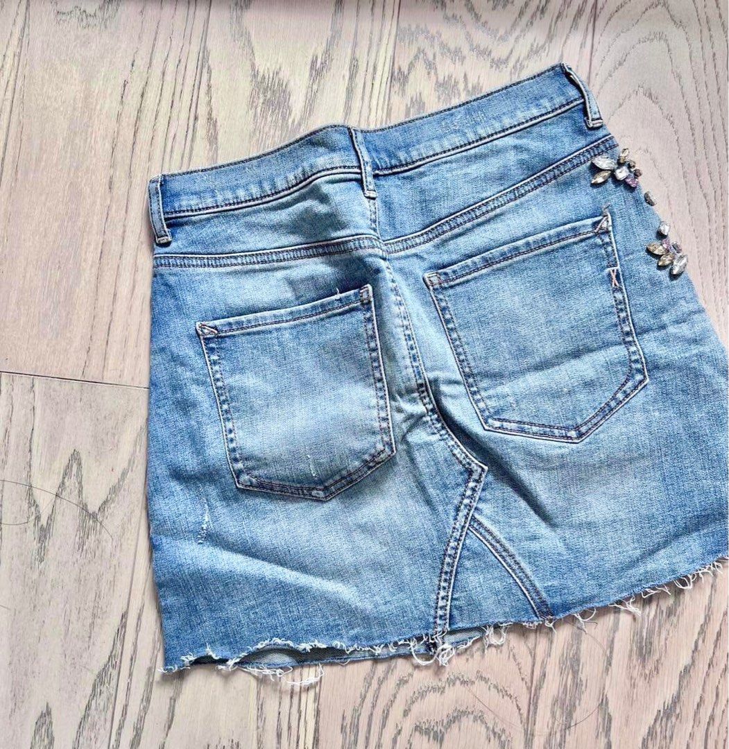 Crystals denim skirt express light blue fancy dainty bling a line Women s Fashion Bottoms Skirts on Carousell