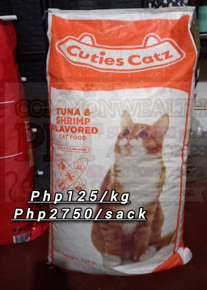 Cuties Catz (Category: Pet Food) located in Quezon City. Submitted by commonwealthpetshop (Listing ID 1244081073, Image 1). Description: Cuties Catz 22kg Tuna & Shrimp Flavor Php125/kg Php2750/sack 📍Commonwealth Pet Food and Accessories shop (Near Wilcon depot, MG Square, Omni, Human Nature) ✔️open monday-sunday 8am-8pm ✔️call or text 09051572672 ✔️Same day delivery Via lalamove/grab ✔️MOP: Gcash, Bank transfer, Pay Maya and Cash.
