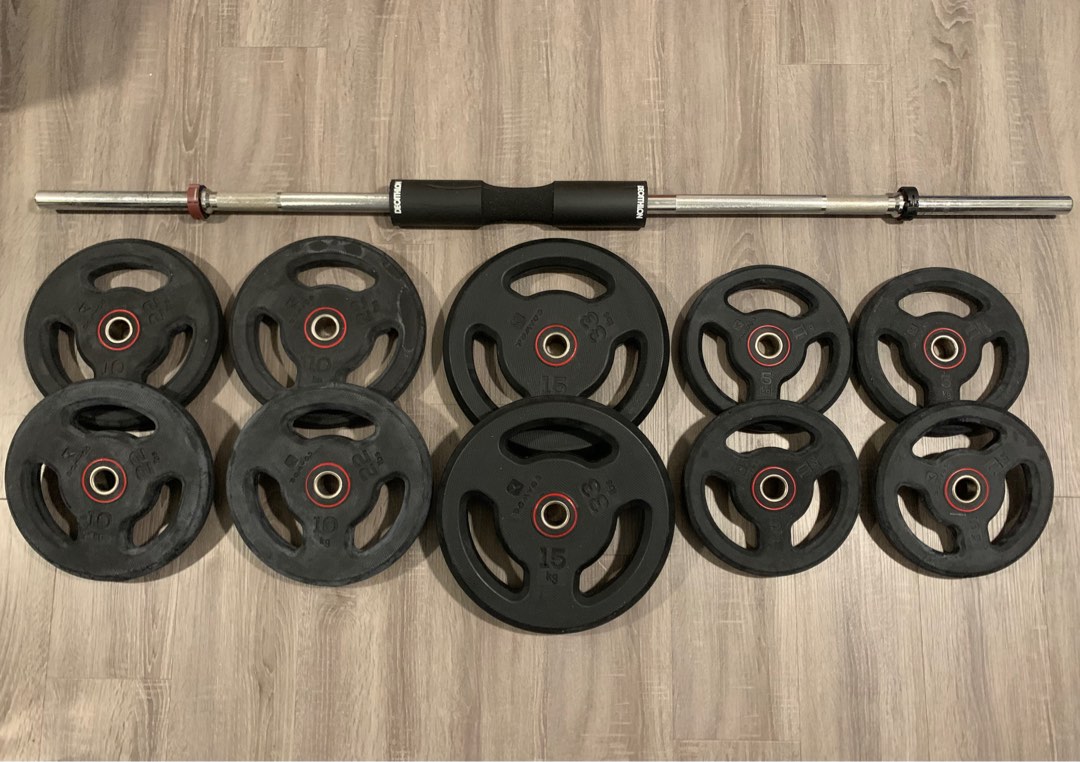 Decathlon Rubber Coated 28 MM weight plate 5 10 15 kg. 155 cm