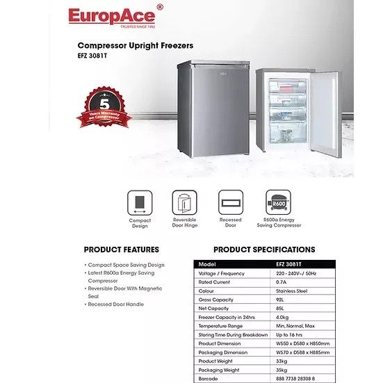 Freezer EuropAce Compressor Upright Freezer EFZ 3081T store Breastmilk