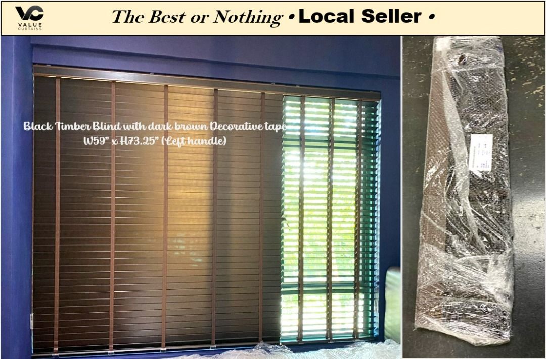 *HOT PROMOTION*  Timber blind BLACK with Dark brown decorative tape (W59 x H73.25 INCH)62863114580354112