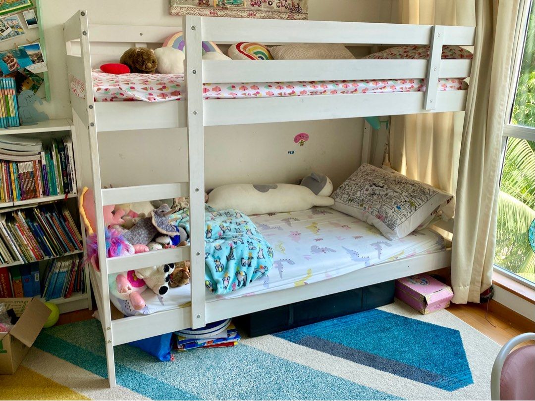 IKEA Mydal bunk bed (white) + two mattresses, Furniture & Home Living