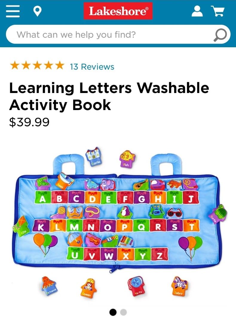 Lakeshore Learning Letters Soft Washable Activity Book /Pockets /Bag