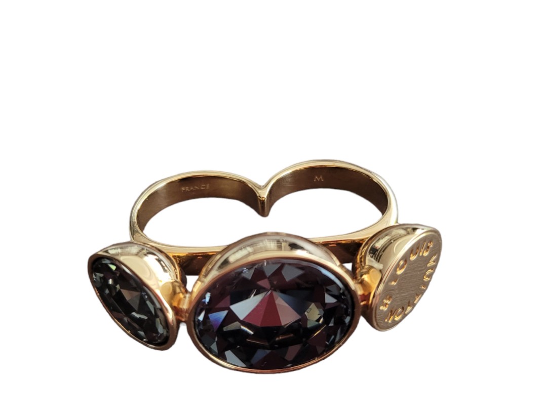 Louis Vuitton Two Finger Ring Black Crystals Gold Logo GP0173 M65256 Size  6.75