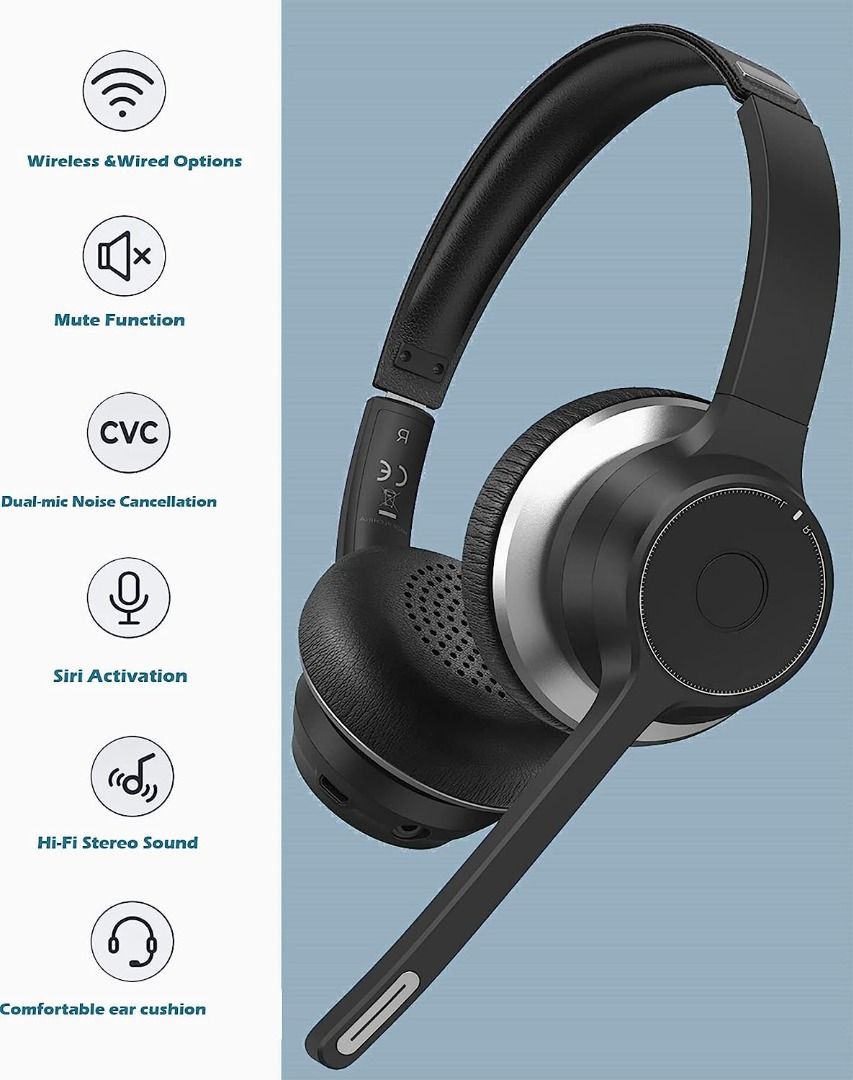 MPHC5 MPOW HC5 Wireless 5.0 Headset with Dual Microphones PC Headset with CVC 8.0 Noise Cancellation 22h Talk Time with Optional Cable Mute