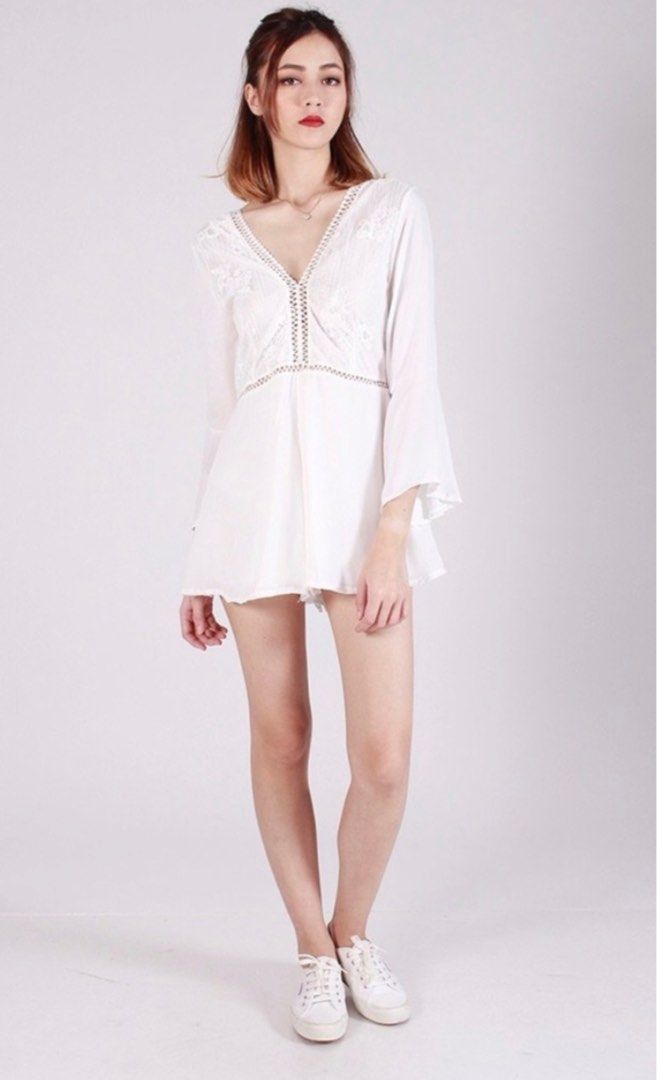 White lace top long sleeve playsuit