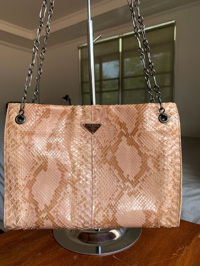 Prada Pink Brown Snake Leather Chain Strap Shoulder Bag RARE