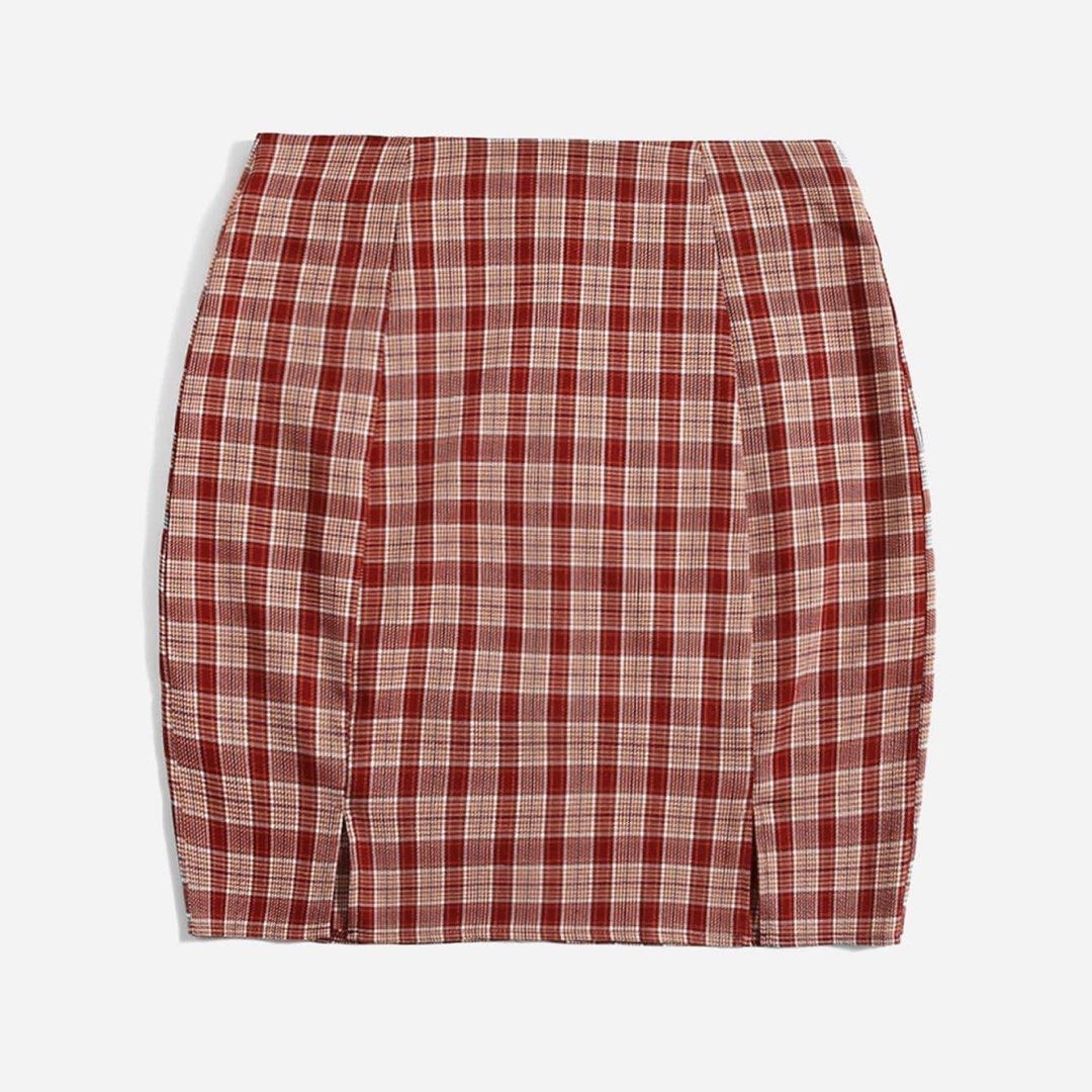 SHEIN Red Plaid Straight Skirt (Category: Skirts) located in Cainta. Submitted by dysnae (Listing ID 1244089602, Image 1). Description: SHEIN Tartan Plaid Slit Hem Skirt in Size Large * size L (on tag) * US size 30 * originally ₱300+ * never worn * rfs : super cute but its too big on me :(( don’t hesitate to message if u want more pics & info 🤍.