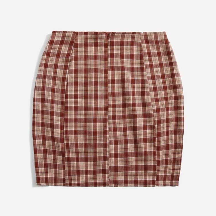 SHEIN Red Plaid Straight Skirt (Category: Skirts) located in Cainta. Submitted by dysnae (Listing ID 1244089602, Image 2). Description: SHEIN Tartan Plaid Slit Hem Skirt in Size Large * size L (on tag) * US size 30 * originally ₱300+ * never worn * rfs : super cute but its too big on me :(( don’t hesitate to message if u want more pics & info 🤍.