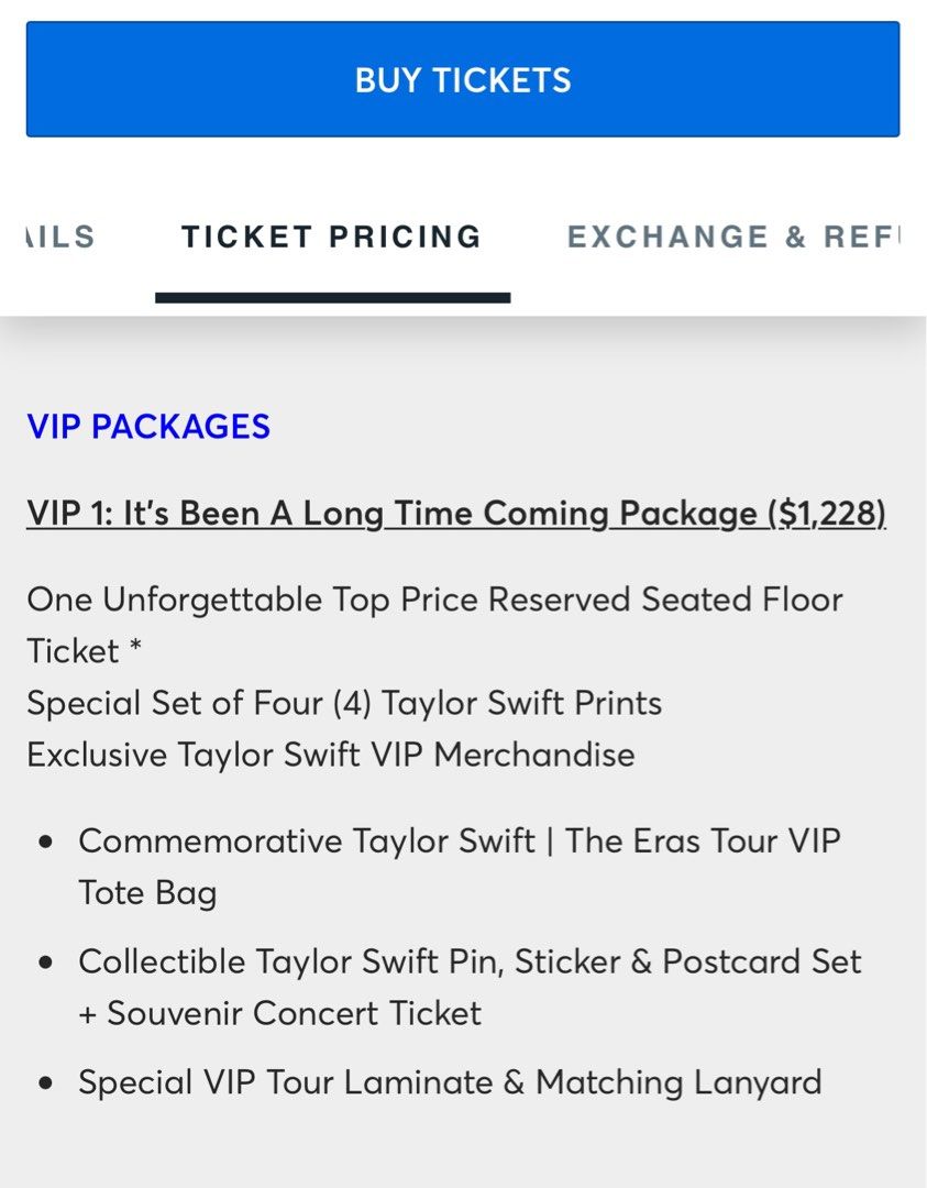 Taylor Swift Eras Tour Singapore (7 March 2024) VIP1 PC2, Tickets