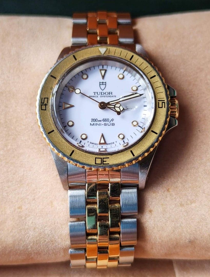 TUDOR MINI SUB PRINCE DATE TWO TONE (Category: Luxury Watches) located in Quezon City. Submitted by timeoutwatches (Listing ID 1244020242, Image 2). Description: TUDOR MINI SUB PRINCE DATE TWO TONE FOR SALE / FOR TRADE PRICE: 110,000 PHP COLLECTIBLE PIECE ! ALL ORIGINAL AUTOMATIC MODEL: 73193 CASE: 33MM CONDITION: 9 / 10 INCLUSIONS: WITH PRESENTATION BOX WHITE DIAL.
