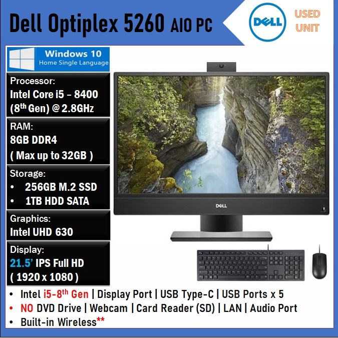 USED] Dell 5260 AiO PC Intel i5-8400 2.8GHz 21.5' IPS FHD W10  (Non-Touch), Computers  Tech, Desktops on Carousell