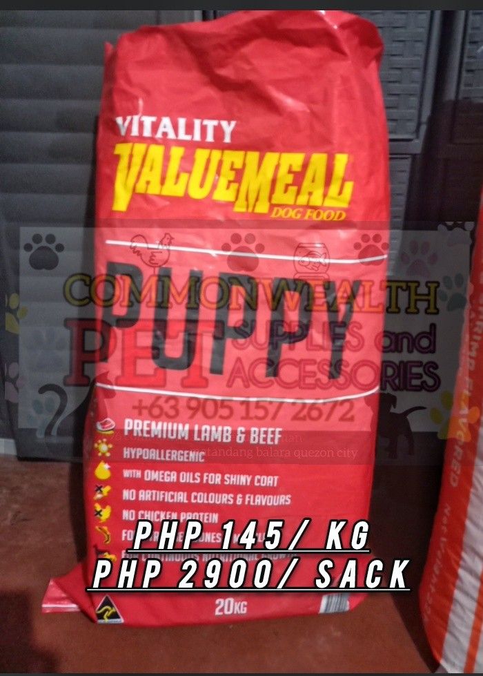ValueMeal Puppy (Category: Pet Food) located in Quezon City. Submitted by commonwealthpetshop (Listing ID 1243937140, Image 1). Description: Vitality ValueMeal Puppy Premium Lamb and Beef Php145/kg Php2900/sack 📍Commonwealth Pet Food and Accessories shop (Near Wilcon depot, MG Square, Omni, Human Nature) ✔️open monday-sunday 8am-8pm ✔️call or text 09051572672 ✔️Same day delivery Via lalamove/grab ✔️MOP: Gcash, Bank transfer, Pay Maya and Cash.