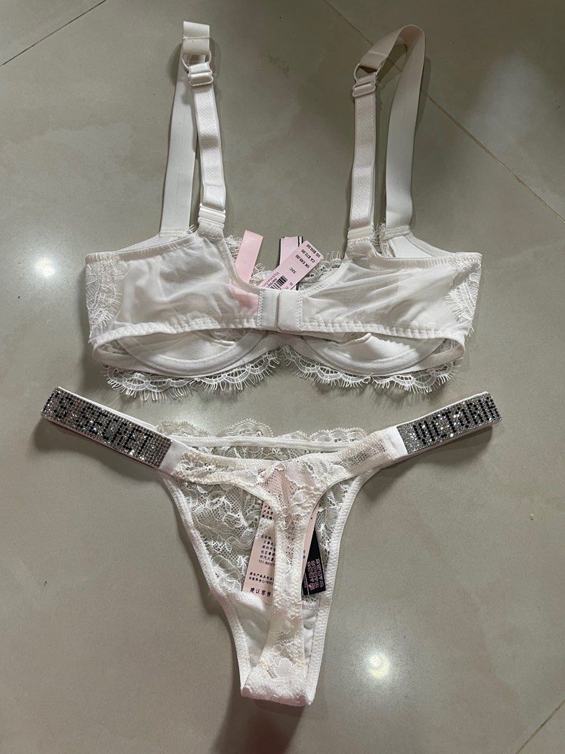Victoria's Secret Wicked Shine Strap Bra Thong Set Very Sexy Lace White