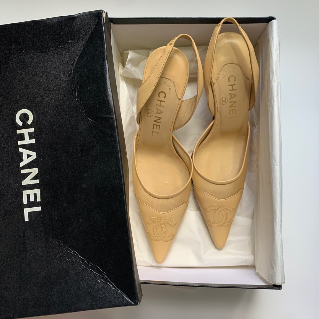 wts vintage chanel mesh pointed toe slingback heels Luxury