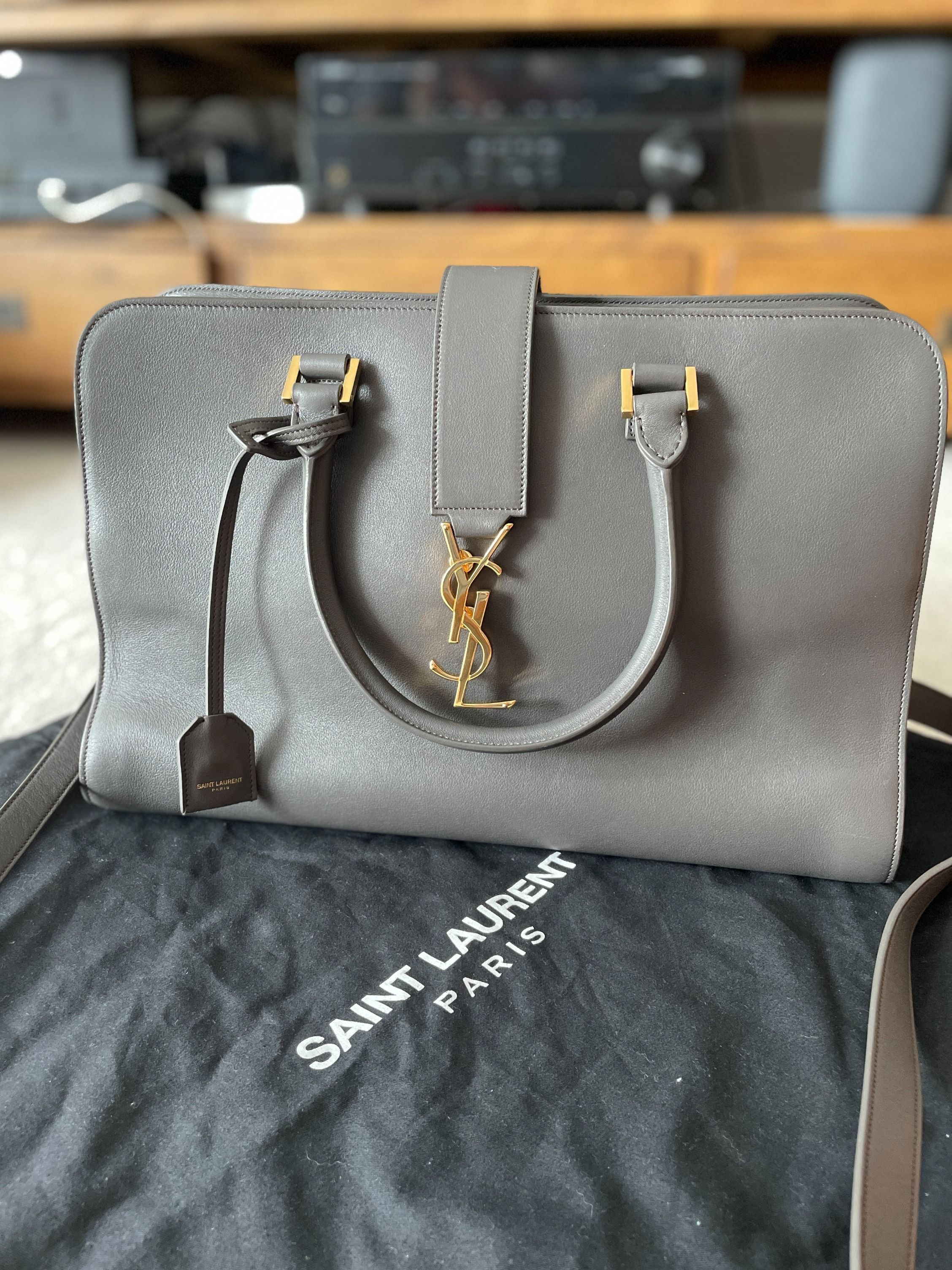 YSL Cabas Leather Cabas Tote Grey
