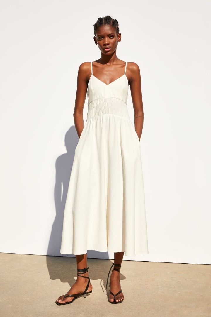 Zara Ecru Rustic Midi V neck Dress Women s Fashion Dresses