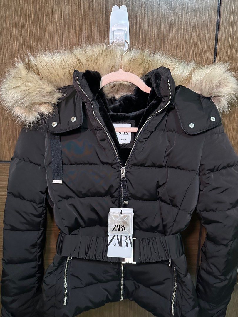Shiny black coat with fur hood zara best sale