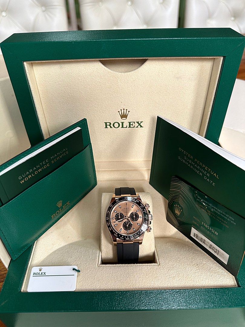 2021 Rolex Daytona Rose Gold (Category: Luxury Watches) located in Bacoor. Submitted by myronemz8 (Listing ID 1240628422, Image 3). Description: For Sale/Swap 2021 Rolex Daytona Oysterflex Rose Gold Ref.116518LN Rose gold New card Like new Plastic intact Full set Dare to Compare⌚️ 2.788m Slight neg Accept Trade In/Credit card payment⌚️ Look For: Myrone Bacoor, Cavite 📱☎️09153922853 GLOBE 📱☎️09311493819 SUN.