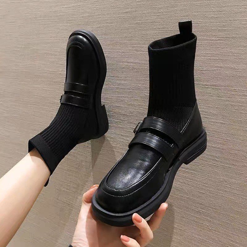 2023 Popular Short Black Boots Summer Autumn Fashion Trendy Slim Leg Elastic Student School Cute Cool Japanese Style Socks Flat Thick Heels Covered