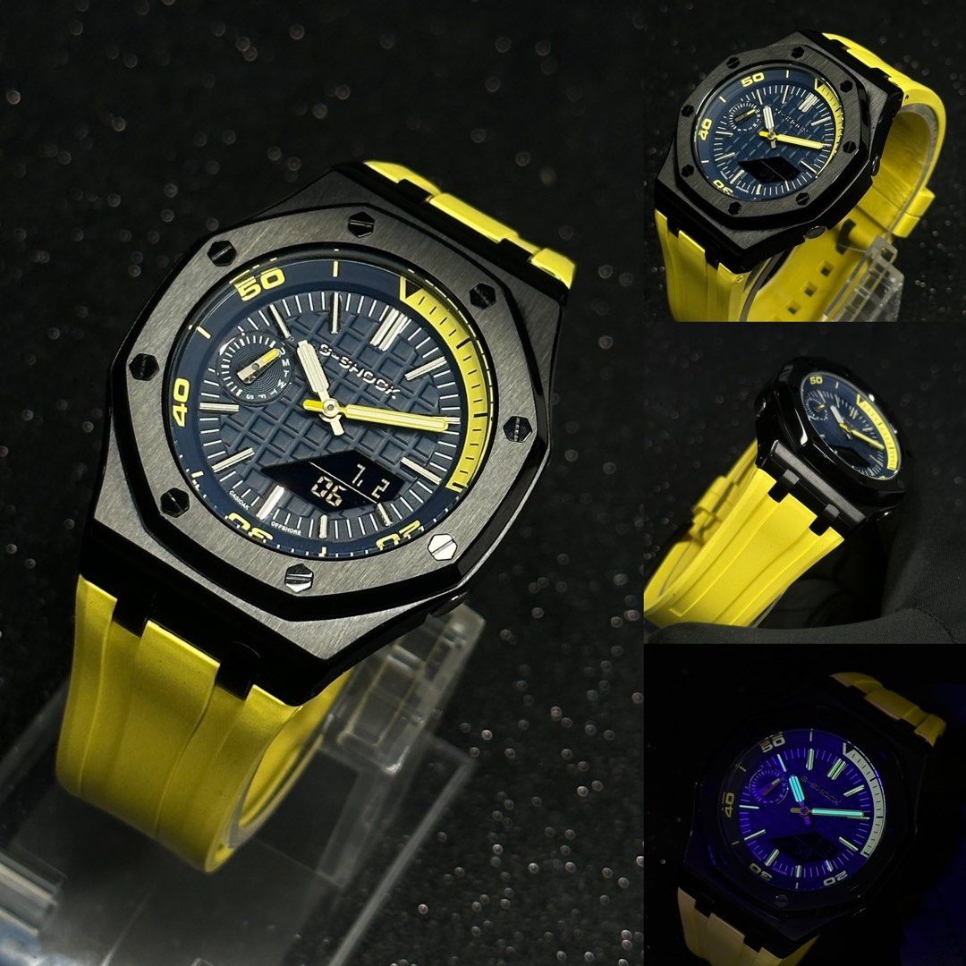 LATESt CasiOak with sapphire Crystal glass glow in the dark hands and indexes black stainless steel bezel and yellow rubber strap Metal