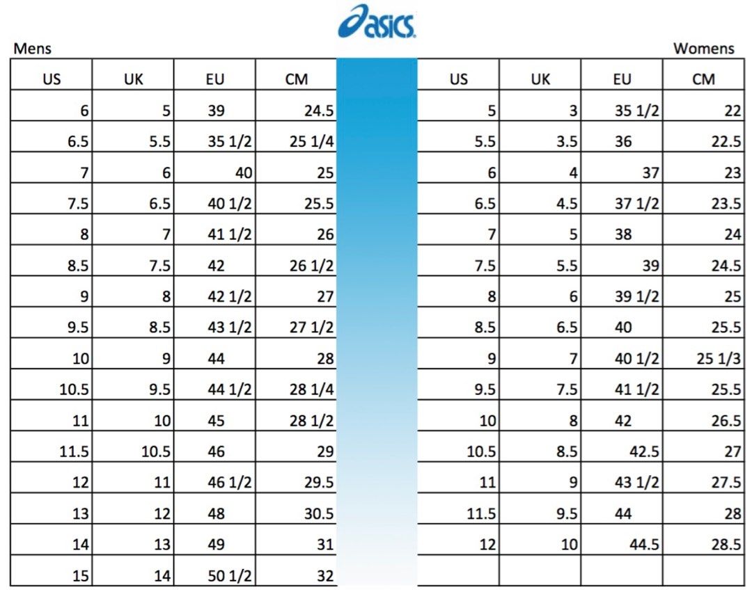 Asics gel rocket size chart online