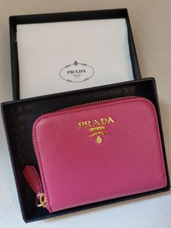 Prada, Bags, Prada Geranio Pink Saffiano Leather Gold Zip Coin Purse