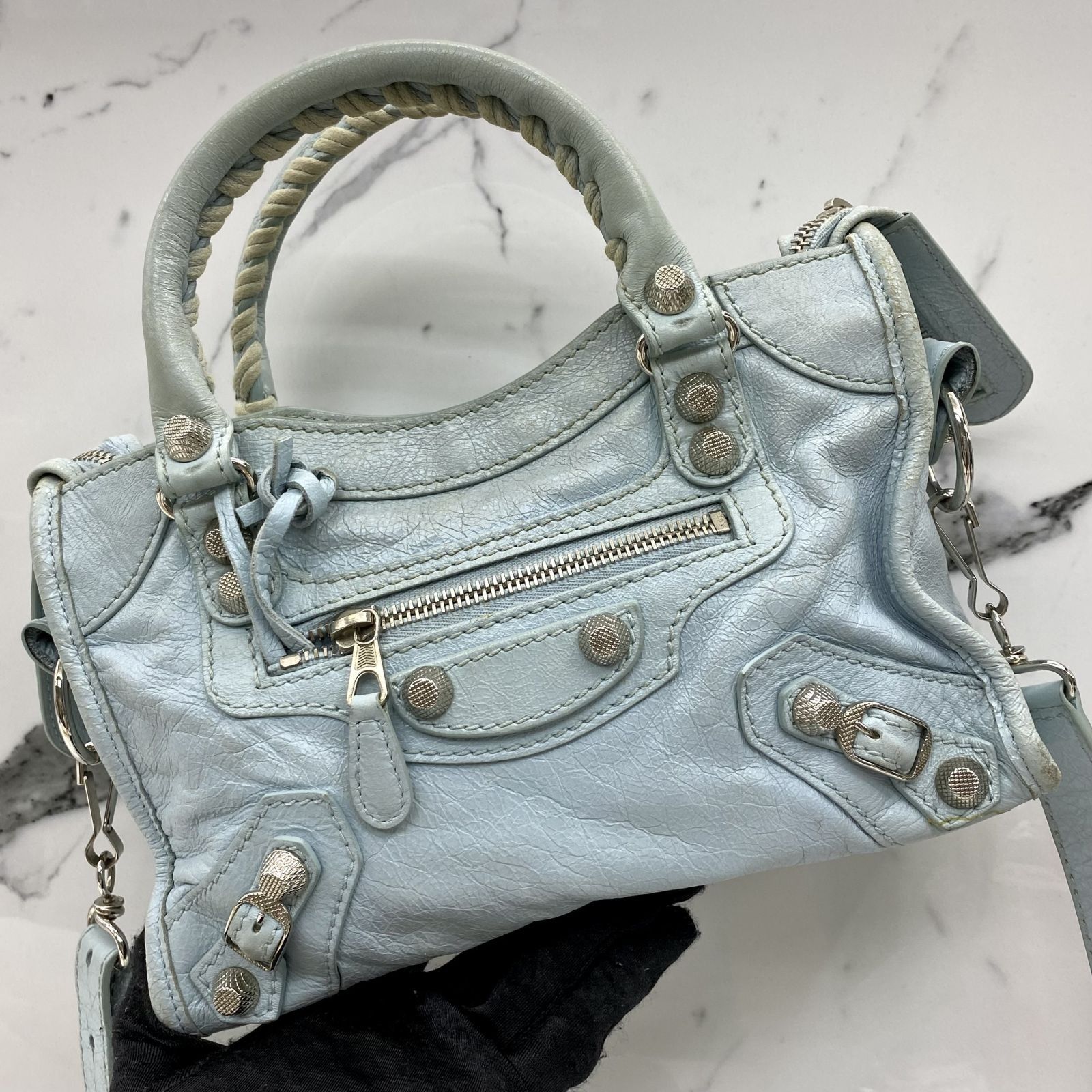 BALENCIAGA 309544 BLUE LEATHER GIANT MINI CITY LIGHT 2WAY SHOULDER BAG 237018484 WE