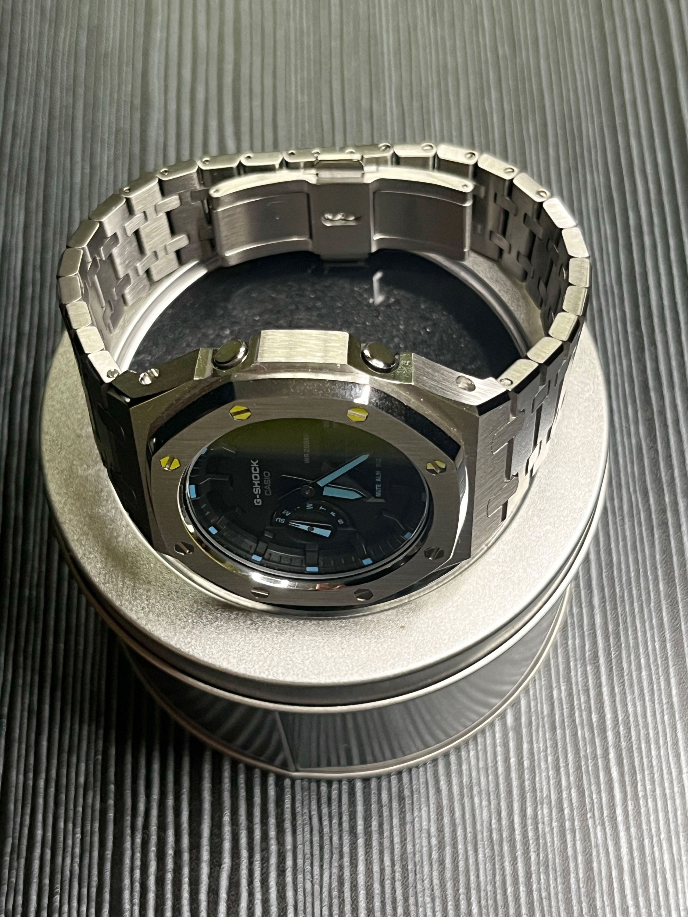 Black Friday Sales Casio G SHOCK Custom Royal Oak Casio Oak Men s BLUE STEEL Watch G Shock GA 2100 1A2 Custom Mod with Steel Bracelet Black