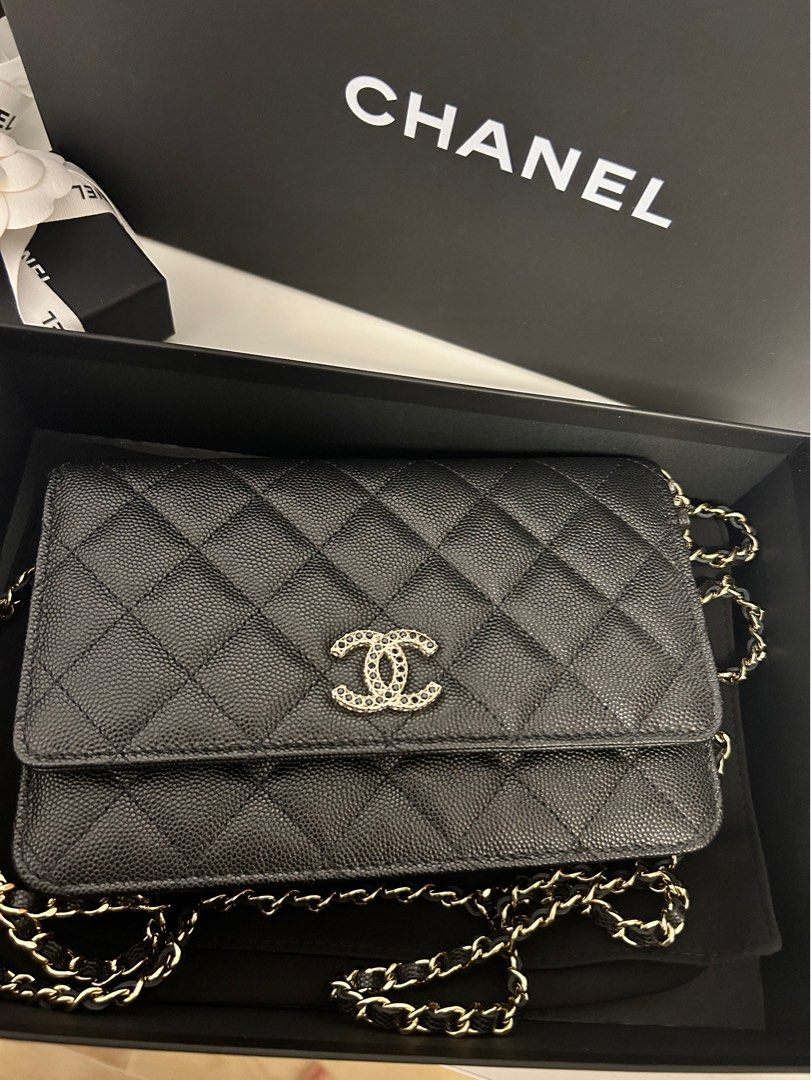 Chanel 23A Wallet on Chain In Shiny Grained Calfskin, Strass & Gold-Tone  Metal , Black, Luxury, Bags & Wallets on Carousell