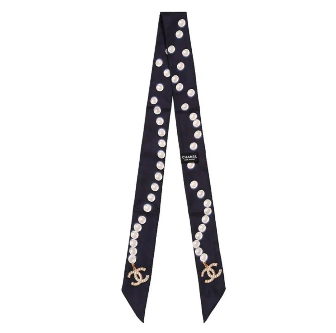Chanel Pearl Twilly Chanel Navy Blue Pearl Print Silk