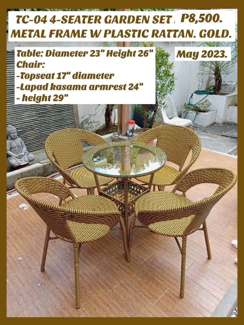 Coffee table and chairs. (Category: Tables & Sets) located in Binan City. Submitted by mark.365 (Listing ID 1240799196, Image 3). Description: Coffee Table set. Plastic Rattan w metal Frame. Golden brown. Black. 2seater P5,500. 4seater P8,500. Pls visit us on FB. Bonifacio NBE Sales Center..
