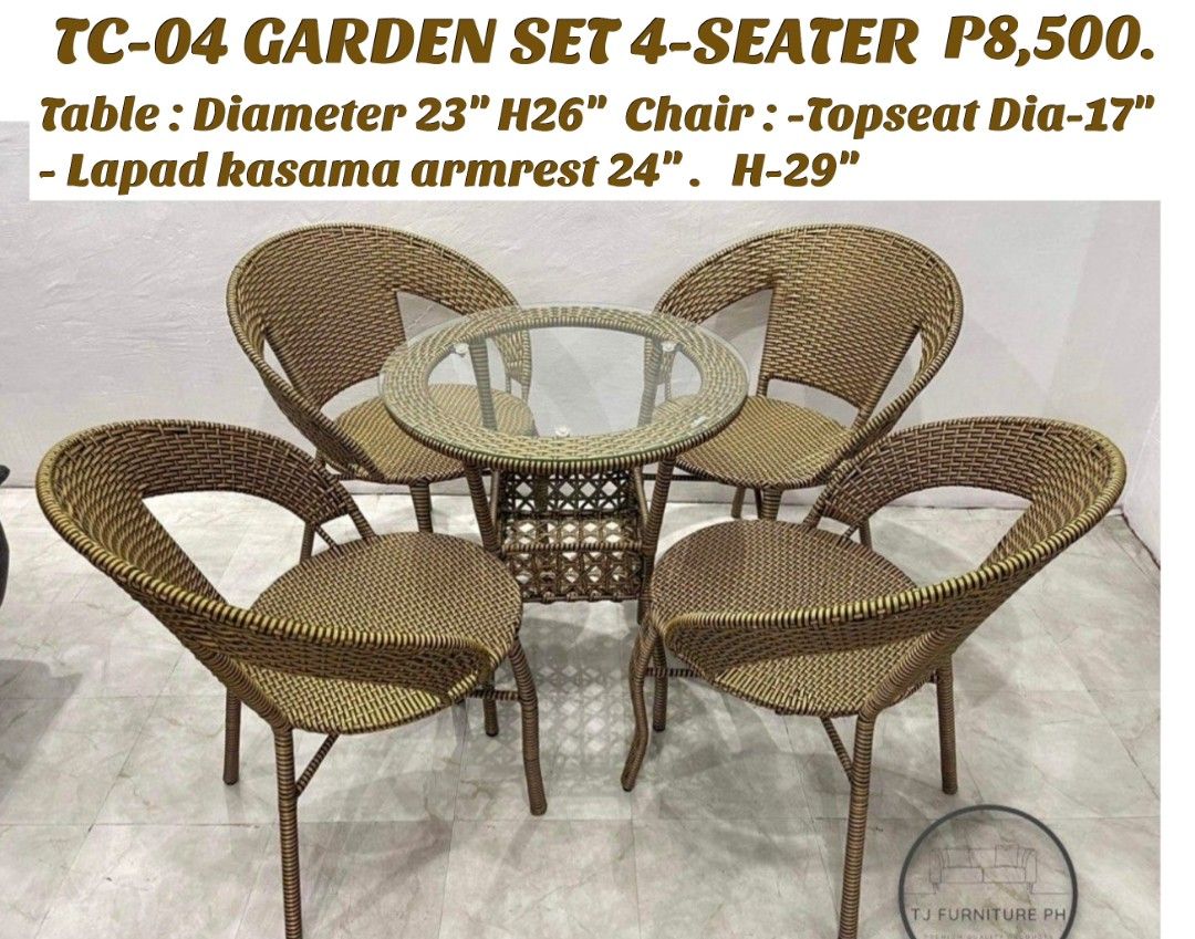 Coffee table and chairs. (Category: Tables & Sets) located in Binan City. Submitted by mark.365 (Listing ID 1240799196, Image 2). Description: Coffee Table set. Plastic Rattan w metal Frame. Golden brown. Black. 2seater P5,500. 4seater P8,500. Pls visit us on FB. Bonifacio NBE Sales Center..