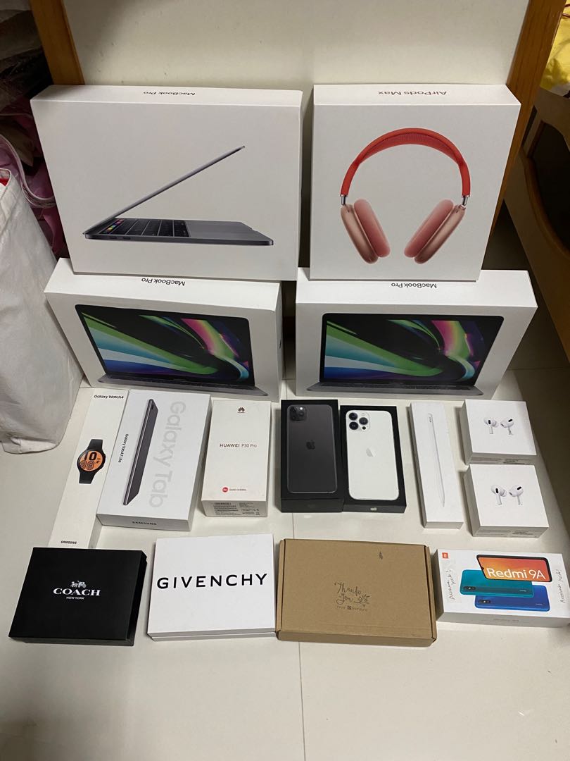 Empty boxes Apple Samsung MacBook Pro 13 AirPods max with Smart