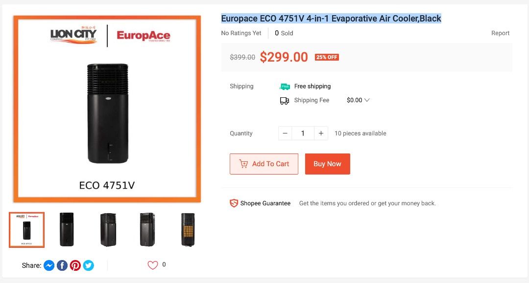 Europace ECO 4751V 4in1 Evaporative Air Cooler,Black, TV & Home