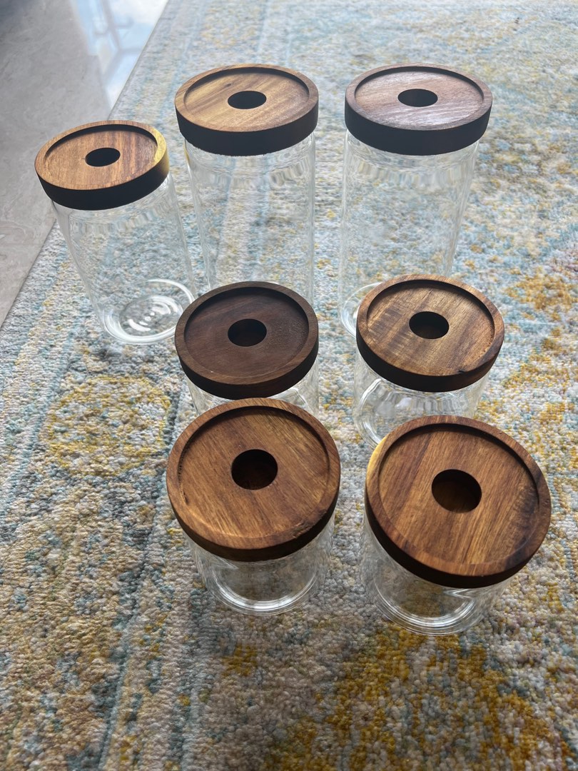 Glass jars with wooden lid SET OF 7, Furniture & Home Living