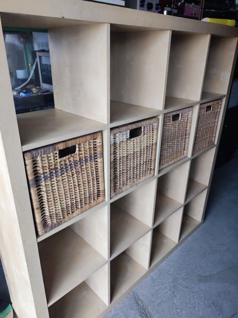 Ikea kallax shelving unit with rattan basket, Furniture & Home Living