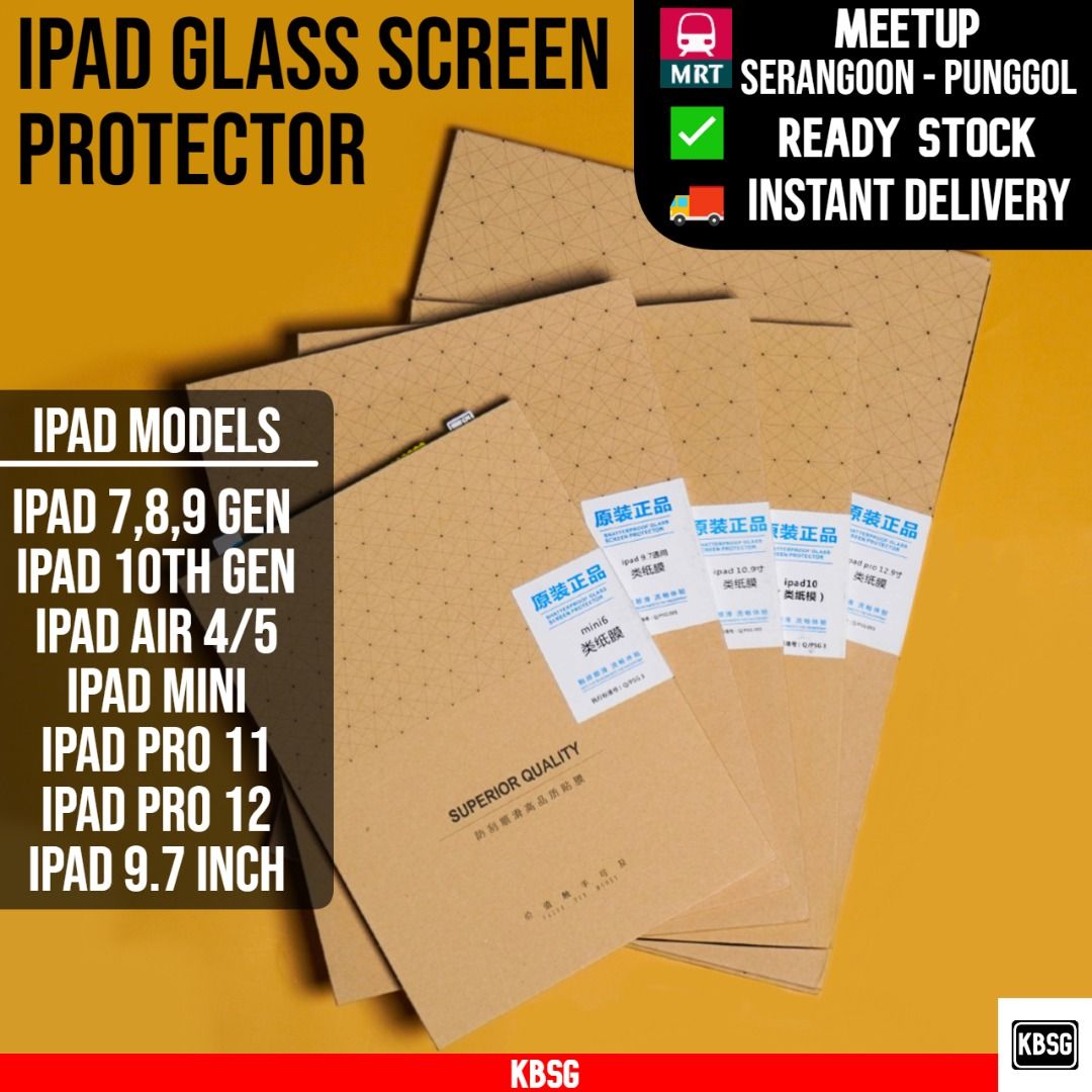 iPad screen protector (all models) (Category: Other Mobile & Gadget Accessories) located in Singapore. Submitted by customkbsg (Listing ID 1240664348, Image 1). Description: Selling brand new and sealed iPad screen protector for ALL Models available! - iPad 7/8/9th gen (9.7 / 10.2) Inch - iPad Pro 11/12 inch (2nd / 3rd Generation) - iPad Air (3 / 4 / 5) Generation - iPad 10th Gen 2022 (NEW) I also sell iPad cases for these models for 12$, Comes i
