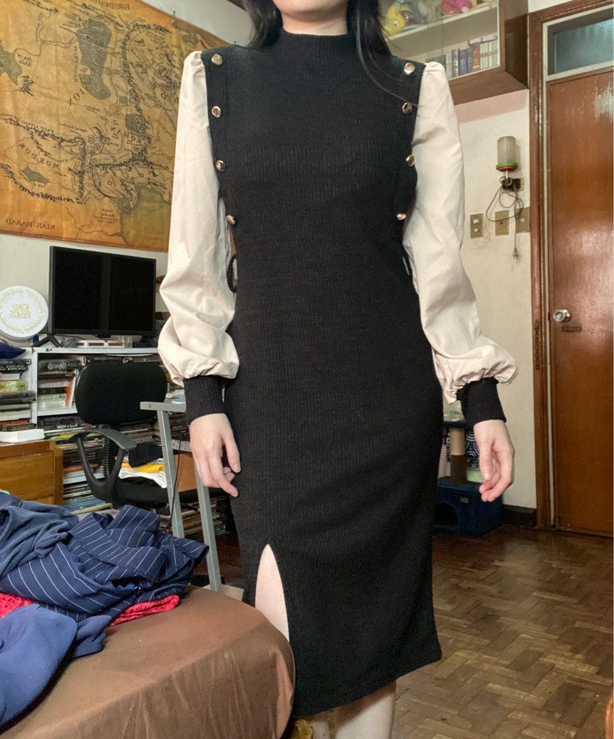 Turtleneck Side Slit Ribbed Trim Sweater Dress