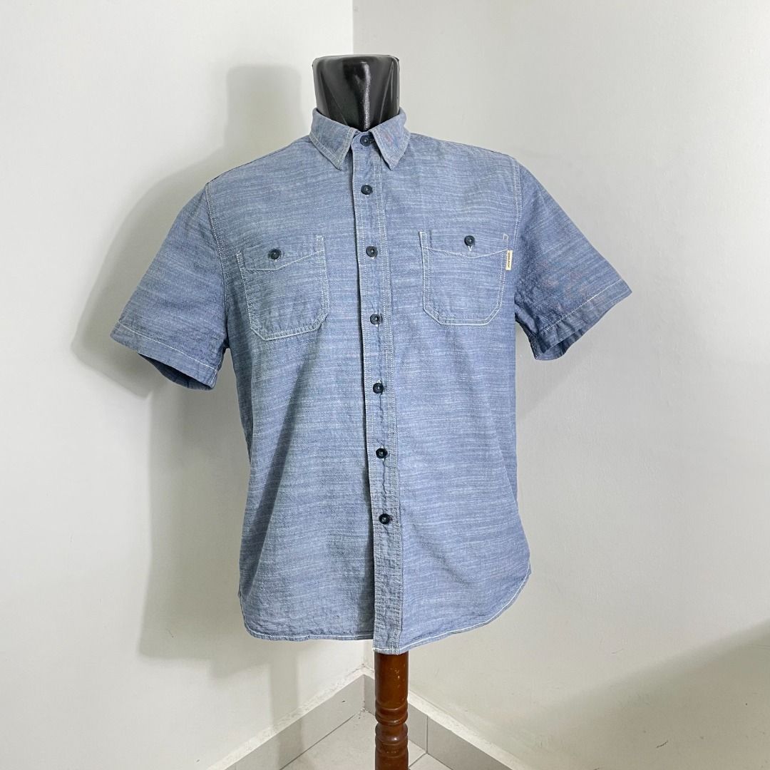 SALE L WOOLRICH CHAMBRAY DENIM SHIRT POCKET SHORT SLEEVE USA AMERICA HERITAGE VINTAGE VTG BLUE COTTON COLOR MEN FASHION CASUAL BASIC REGULAR FIT