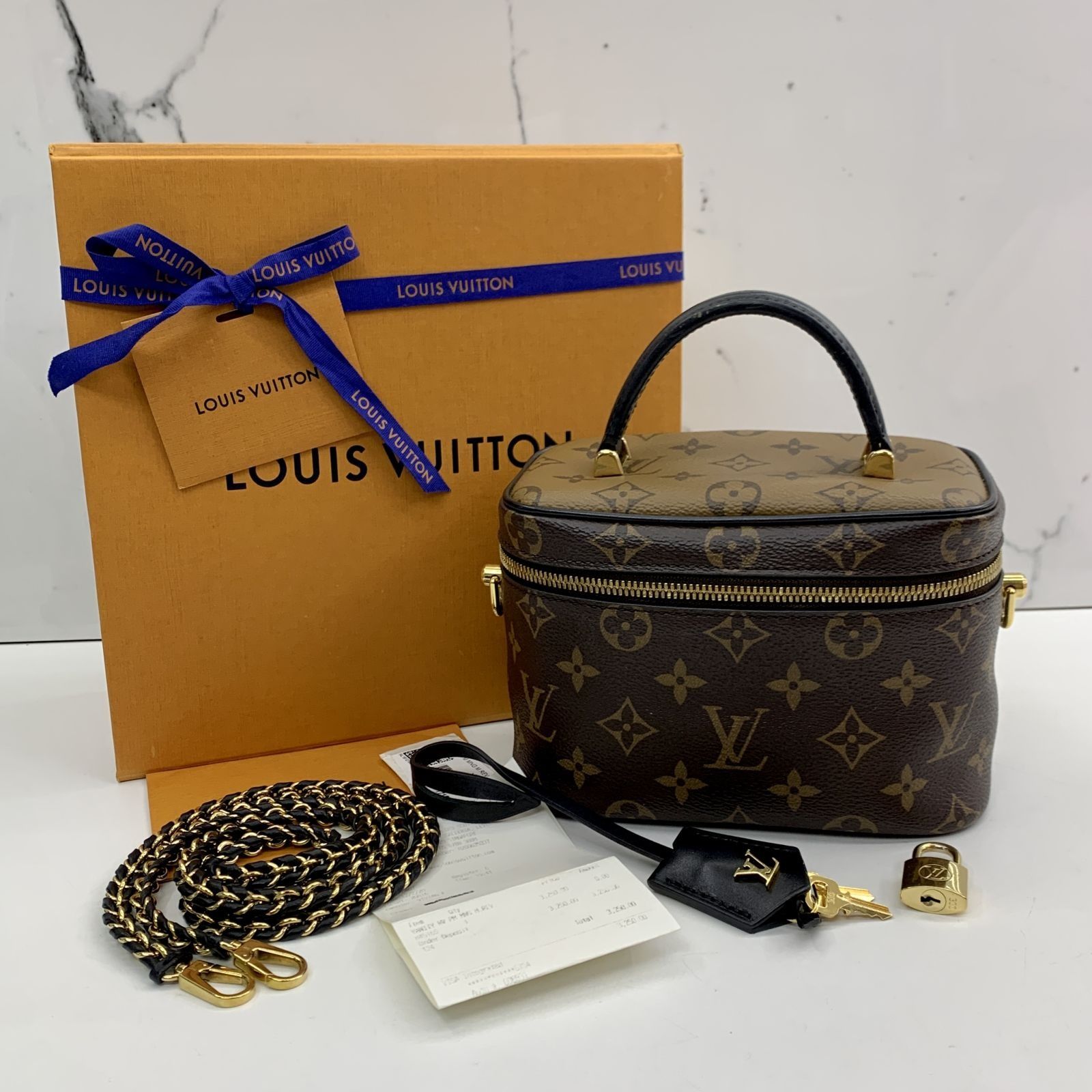 louis vuitton m45165 vanity pm monogram canvas, with chain, keys, no lock,  dust cover & box