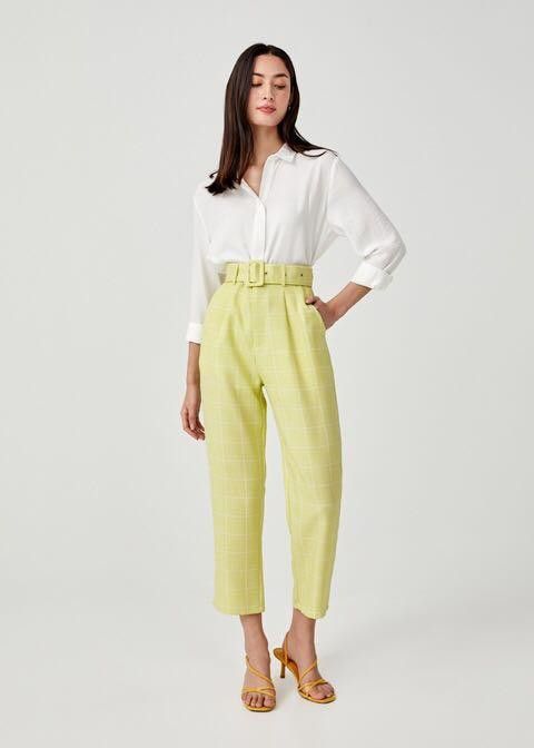 Love Bonito Yellow Plaid Belted Leg Pants, Fesyen Wanita, Pakaian