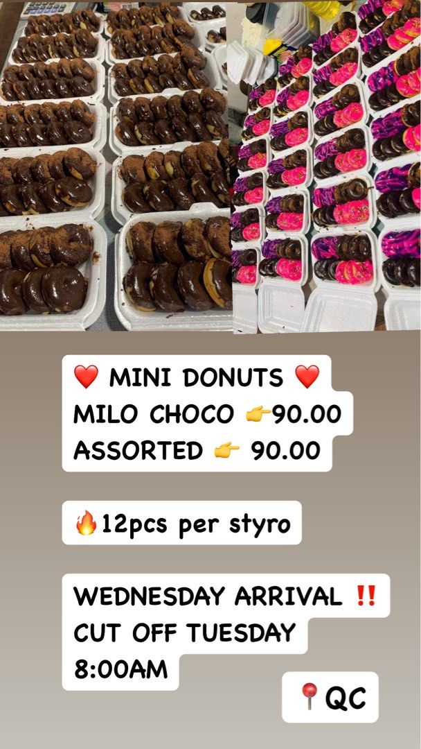 MINI DONUTS 12PCS (Category: Homemade Bakes) located in Imus. Submitted by foodhaveit24 (Listing ID 1240740479, Image 3). Description: ❤️ MINI DONUTS ❤️ MILO CHOCO ASSORTED 🔥12pcs per styro WEDNESDAY ARRIVAL ‼️ CUT OFF TUESDAY 8:00AM.