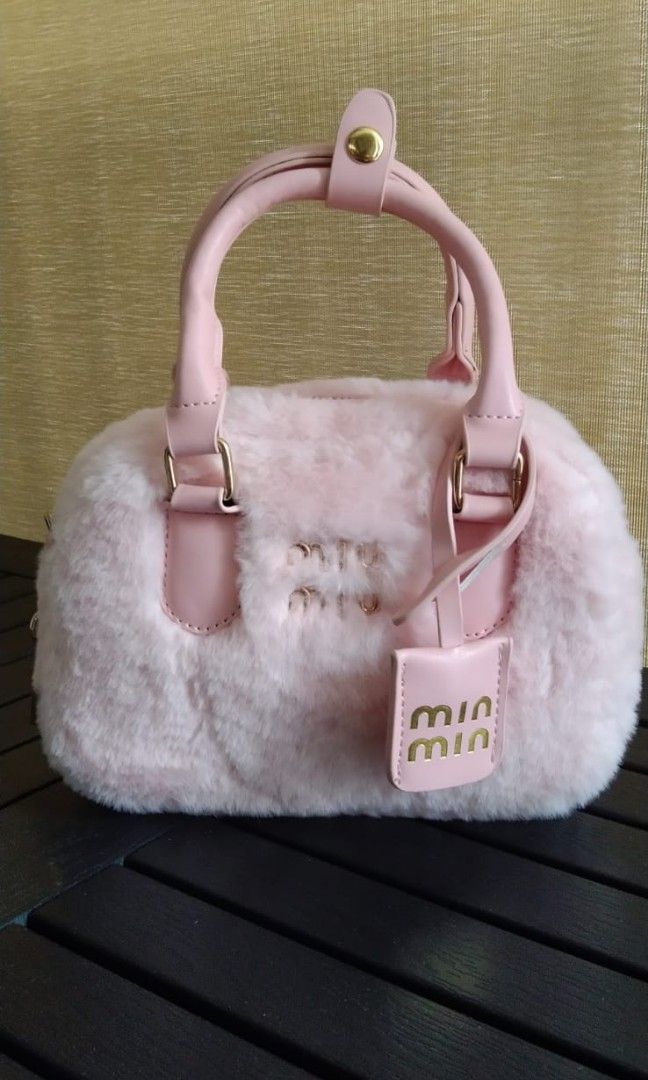 Miu pink furry sling Crossbody mini small bowler bag gold hardware